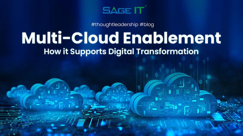 Image of a cloud-filled sky with the words 'multi-cloud enablement' and 'digital transformation' overlaid