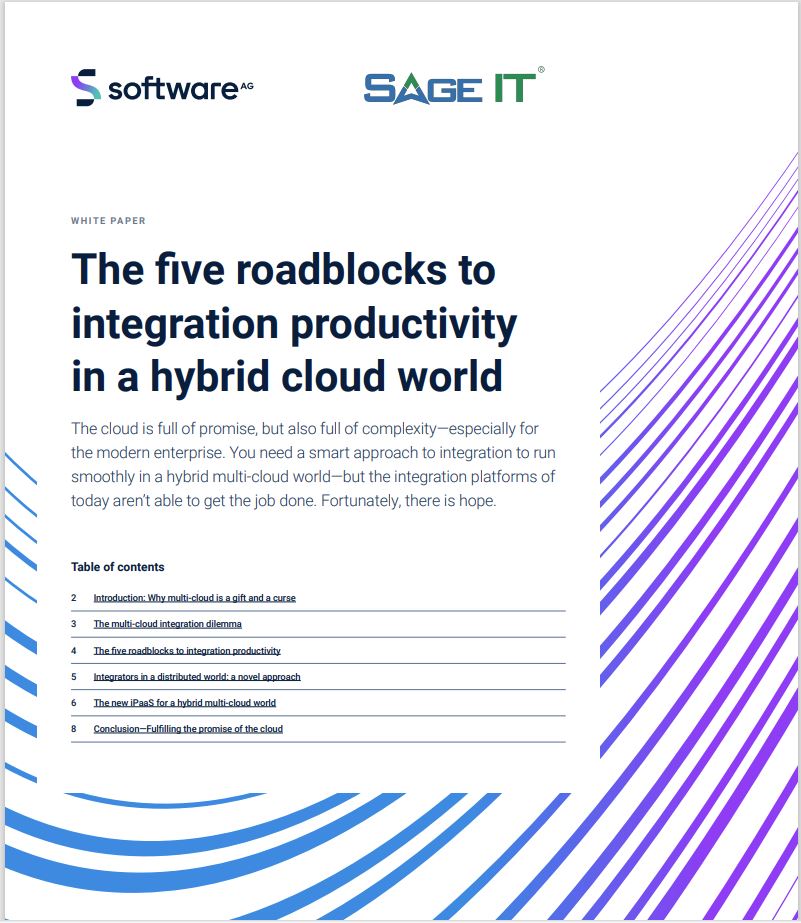 Banner image showcasing the whitepaper on overcoming challenges in hybrid cloud integration, presented by Software AG and Sage IT