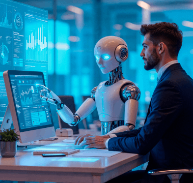 Illustration of human and AI agent reviewing dashboards