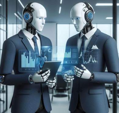 Illustration of AI agents with dashboards, showing GOAGS governance.