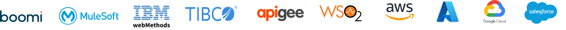 Boomi, MuleSoft, IBM webMethods, TIBCO, Apigee, WSO2, AWS, Azure, Google Cloud, Salesforce