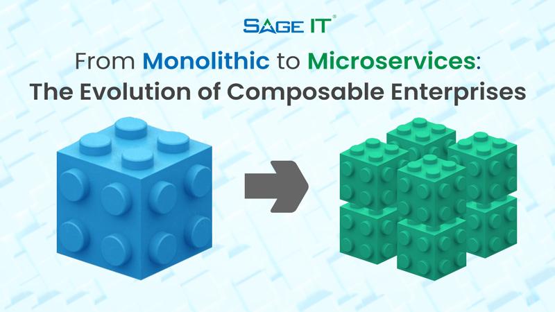 This banner image illustrates the evolution of composable enterprises through a cube metaphor, transitioning from a single monolithic cube to smaller microcubes. It visually represents the benefits of shifting from a monolithic to microservices architecture.